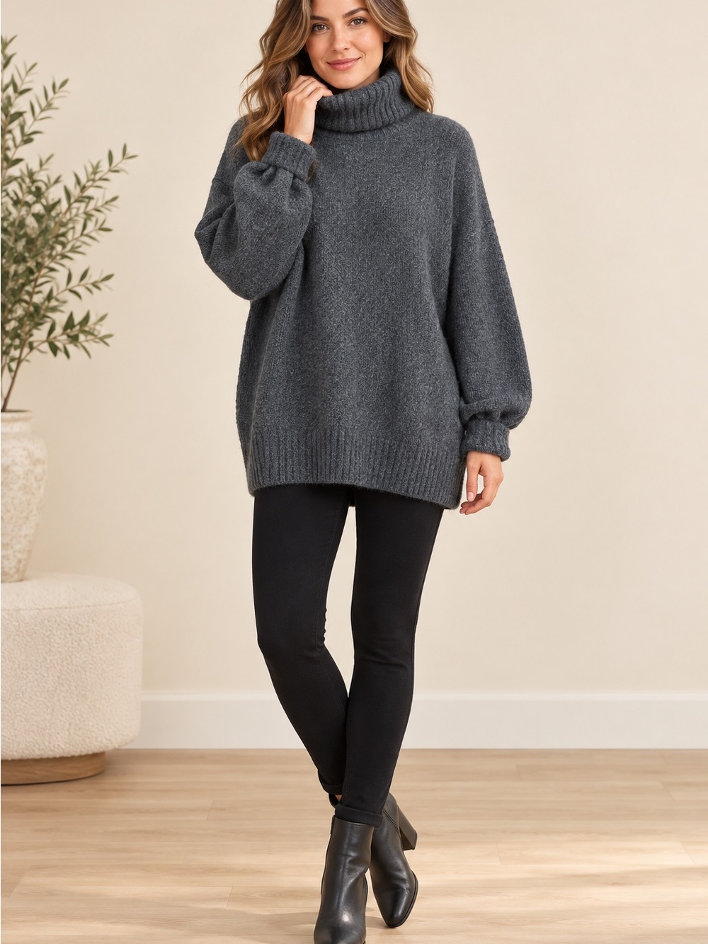 Cozy Charcoal Turtleneck Sweater - Women's Relaxed Fit
